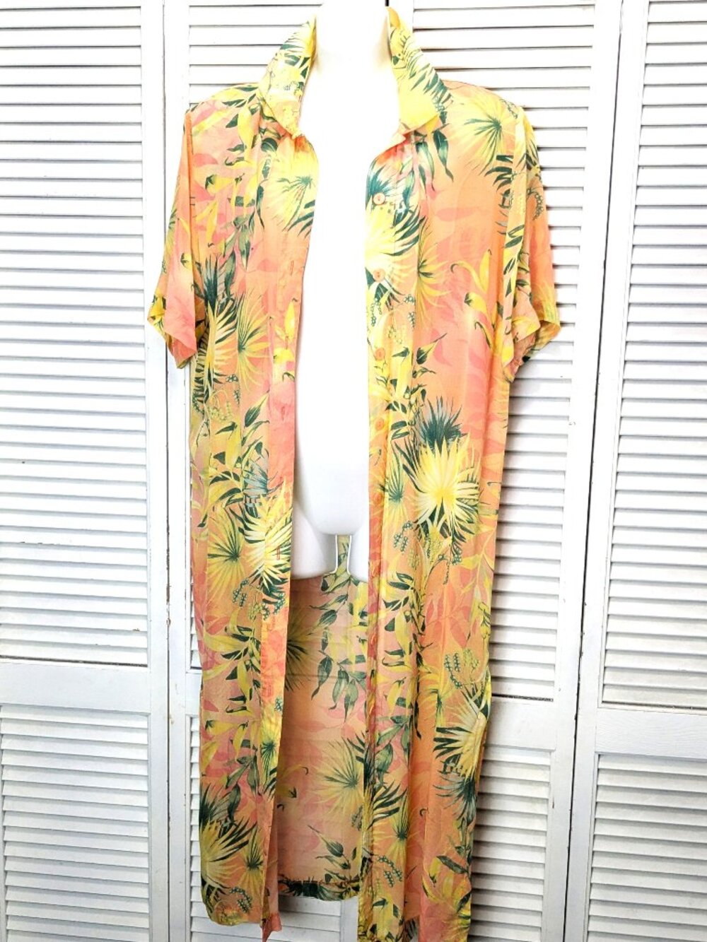 Vtg 80s Sheer Tropical Maxi Shirt Dress/ Cover Up Size Large Sun Seas Coral Pink